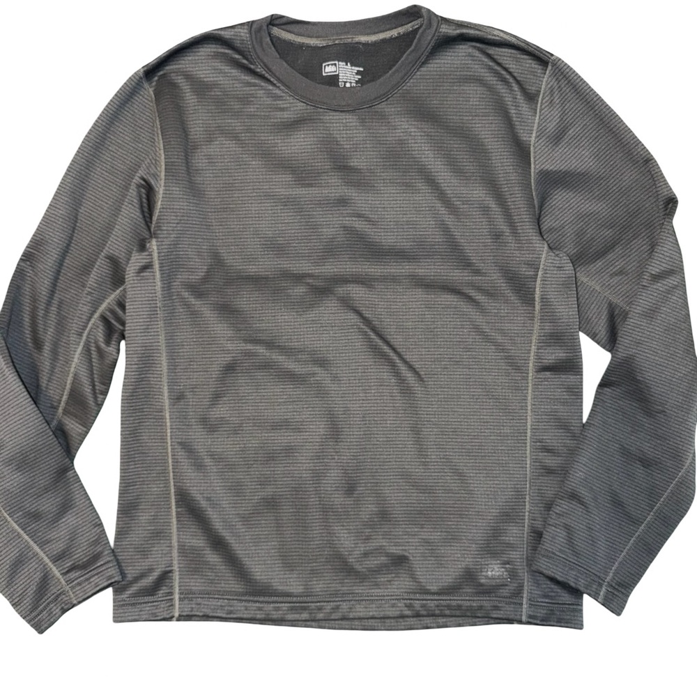 REI men's Large long-sleeve base layer shirt in dark gray.